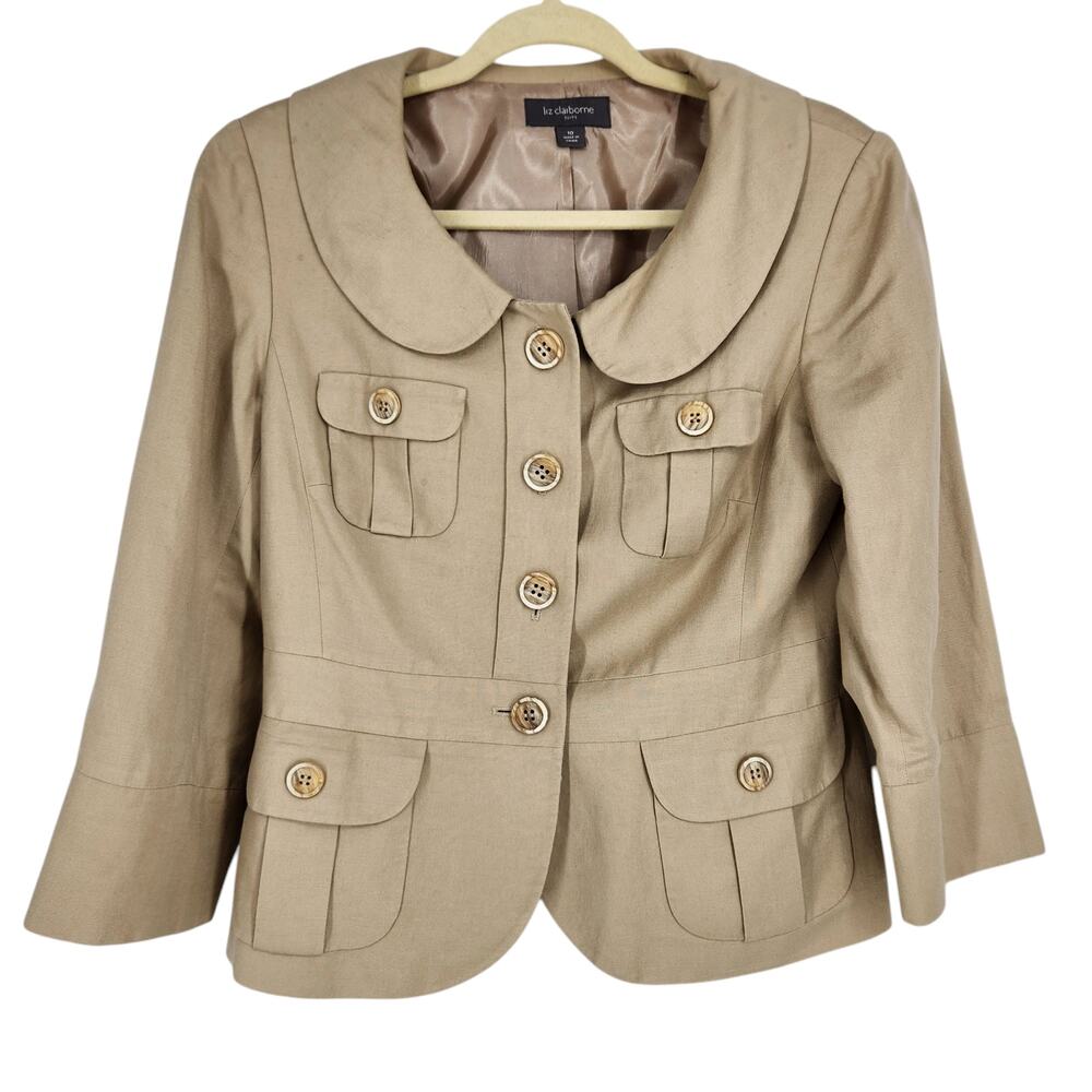 Vintage Liz Claiborne Suits Linen Blend Safari Utility Jacket Size 10